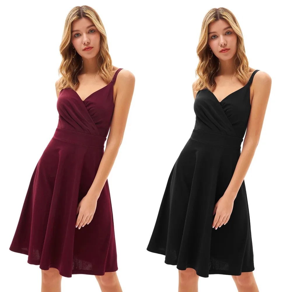 

Backless Sexy Strap Split Women V-Neck Cami Dress U-Back Pleated Bodice Flared Dress Camisole Clubwear Evening Party Women Robe