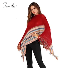 Tassels High Cloak Shawl Spelling Color Irregular Knitting Knitted Sweater Women Pullover Manteau Femme Hiver Streetwear