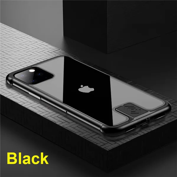 Пуш-ап металлический чехол для телефона для iPhone 11 чехол прозрачная задняя крышка из закаленного стекла безрамочный чехол для iPhone 11 Pro Max Funda - Цвет: Black