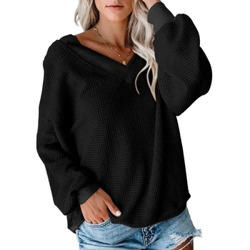 

Women's V-Neck Long Sleeve Waffle Knit Top Off Shoulder Pullover Sweater Turtleneck Jacket