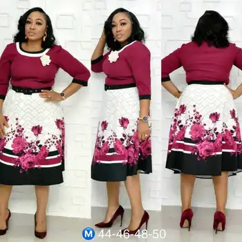

African Dresses for Women African Print Clothing Elegant Office Ladies Tunic Slim Big Swing Belted Party Mother Dress 3/4 Sleeve