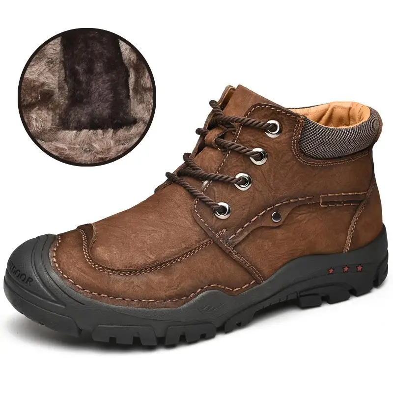 Мужские ботинки высокого качества Мужская обувь из натуральной кожи теплые зимние ботинки на меху Нескользящие ботильоны на шнуровке, botas hombre, размера плюс 46, Zapatos - Цвет: Brown Plush