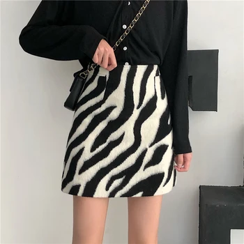 

GOOHOJIO 2020 Zebra Pattern Women's Woolen Skirt High Waist Sexy Pencil Hip Mini Skirt Ladies Mini Autumn Casual Skirt for Women