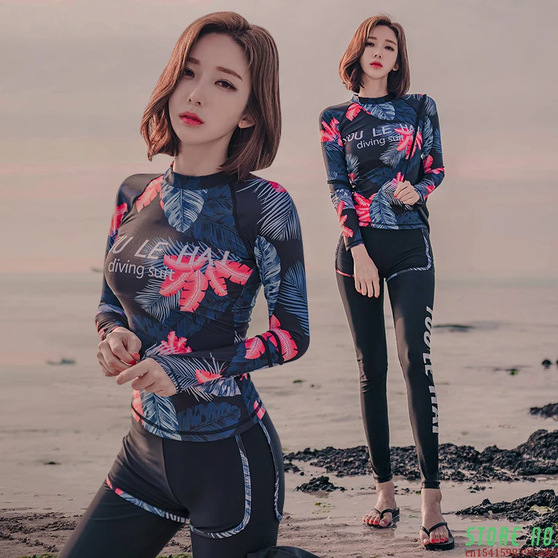 

Ladies summer beach wear long sleeves surfing suit padded sexy rashguards floral print sport high quality swimsuit Diving suit