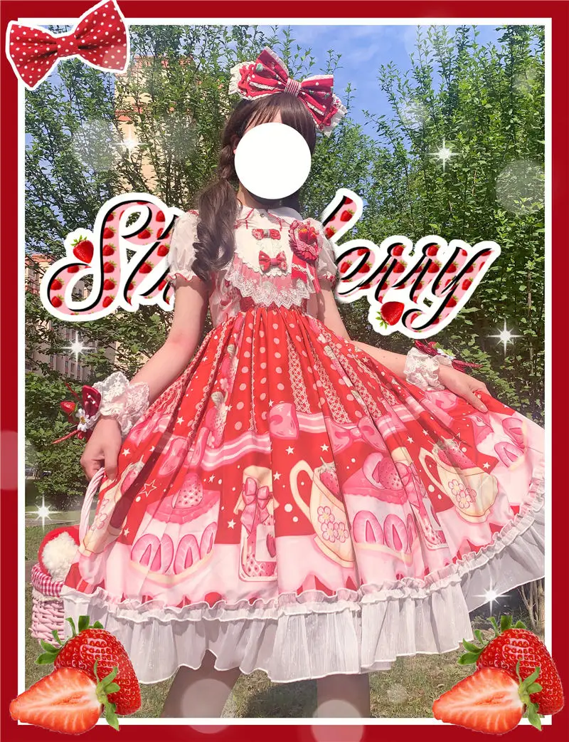 

Японское платье на лямках в стиле Харадзюку, готическое платье лолиты с милым клубничным принтом для девочек, милое платье с оборками для костюмированной вечеринки