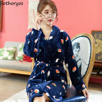 

Robes Women Printed Winter Warm Thicker Soft Leisure Korean Style High Quality Trendy Ladies Lovely Knee-length Coral Velvet New