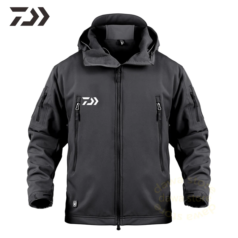 Уличная камуфляжная куртка Daiwa для мужчин, Осень-зима, мужские куртки, термотолстовки, одежда для рыбалки, куртка на молнии с карманом для рыбалки - Цвет: Черный