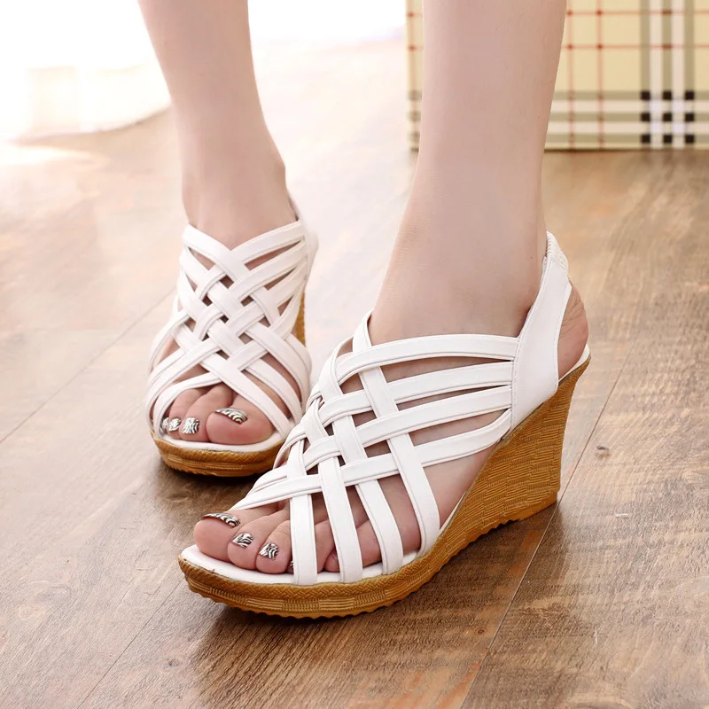 

2019 Summer Europe And America Versitile Fashion Peep-toe Sandals Weave Hollow out Semi-high Heeled WOMEN'S Wedge Shoes Sandals