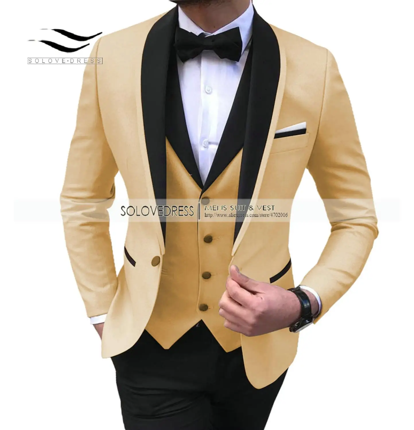 Solovedress мужской костюм из 3 предметов, шаль с отворотом, смокинг, костюмы, шаль с отворотом на одной пуговице, смокинг, пиджак, жилет, брюки, ужин, свадьба