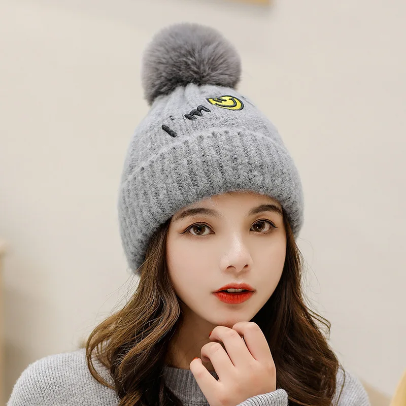 

Women's Beanies Hat Fall Winter Woolen Hat Outdoor Plus Velvet Thicken Warm Hats Letters Ear Protectors Pompom Ms Knit Caps