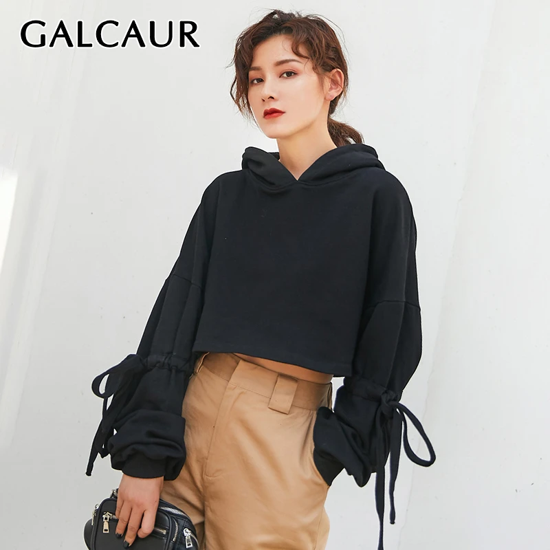 GALCAUR, корейский стиль, шнуровка, бант, женские толстовки с капюшоном, длинный рукав, негабаритный, свободный, короткий свитер, женская одежда, осень, новинка