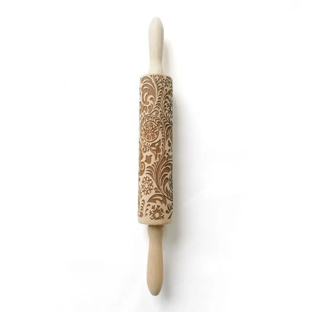 Christmas Flower Snowflake Pattern Rolling Pin Flower Embossed Wooden Rolling Pin Laser Engraving Flower Print