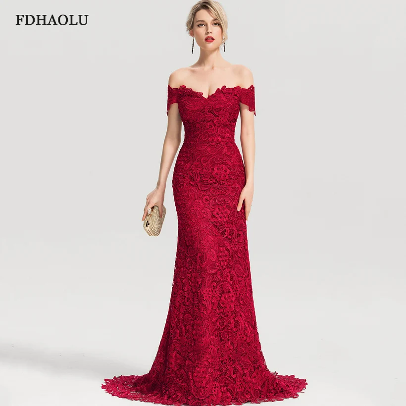 AE06 Burgundy Mermaid Evening Dresses Long Lace V-Neck Elegant Formal Party Gowns Vestidos Formatura Longo image_0