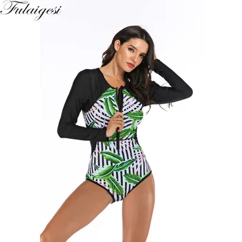 

2020 New Arrival Diving Suit Floral Print Swimsuit Green Leaf with Zipper Bathing Suit Women One Piece Swimsuit