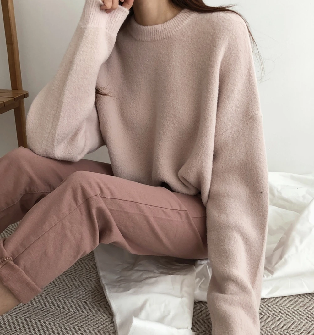 Свитер женский розовый вязаный пуловер Пушистый свитер круглый вырез длинный рукав свободный свитер Повседневная одежда