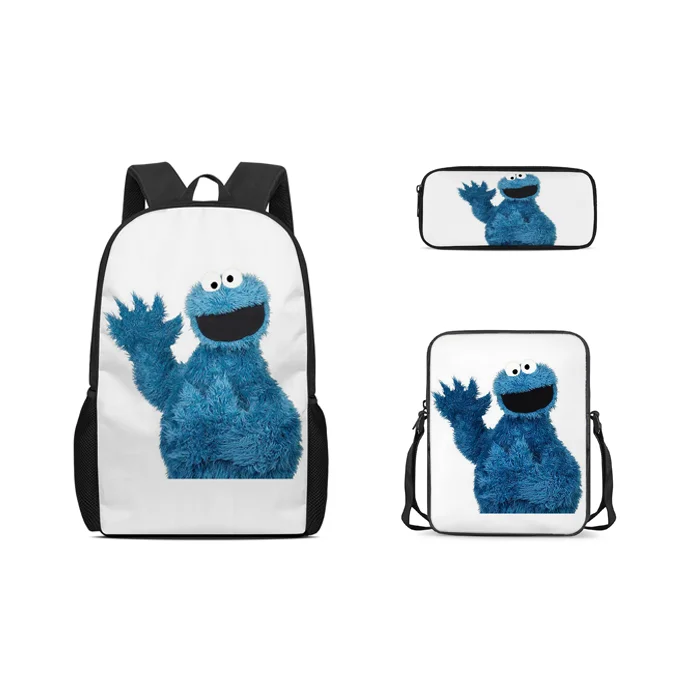 

Customizable children's schoolbag 3-piece backpack cartoon Sesame Street COOKIE MON children's schoolbag shoulder bag pencil bag