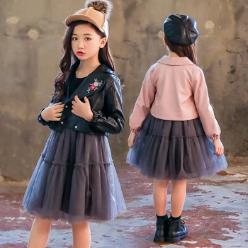 

2019 New Girls Outfits Cool Girl Clothes Set 2 pieces Floral Leather Jackets + Dress 6 8 10 12 years Teenage Girls Clothing