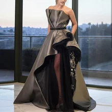 Скромное платье с разрезом для выпускного вечера без бретелек атласные оборки трапециевидные хрустальные оборки атласные вечерние платья знаменитостей