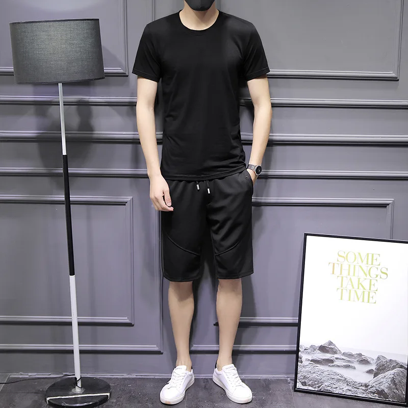 

2019 Summer Sports Set MEN'S Shorts Leisure Suit Two-Piece Set Slim Fit Handsome Versitile Short Sleeve T-shirt