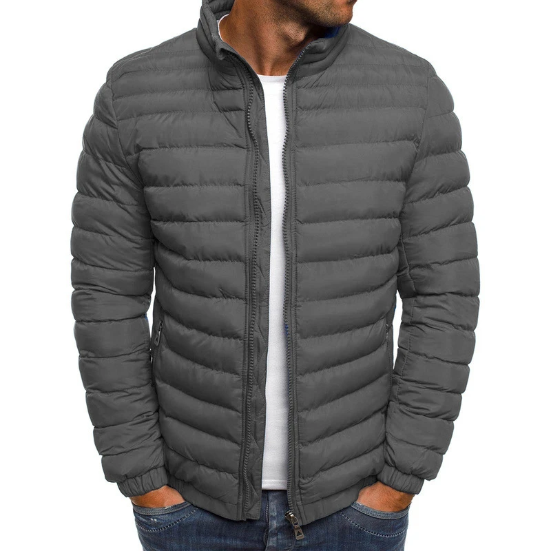 Mens Winter Pure Color Zipper Stand Collar Baseball Coat Cotton Outwear Tops 