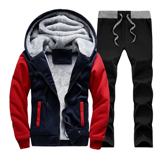 Мужской зимний флисовый спортивный костюм, теплый комплект из двух предметов, куртка с капюшоном, пальто на молнии+ штаны, эластичный плотный спортивный костюм,, мужская мода - Цвет: W02 Red K25O Grey