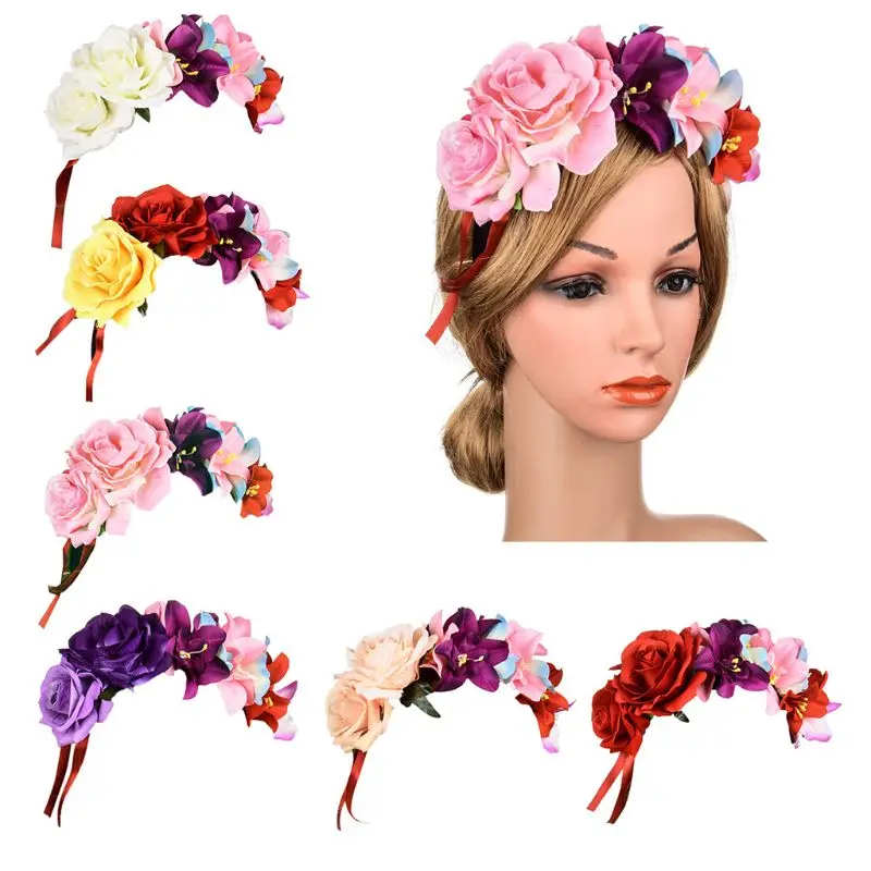 

Women Mexican Assorted Colors Handmade Rose Flower Crown Headband Party Costume Hair Hoop Bohemian Vacation Adjustable Headpiece