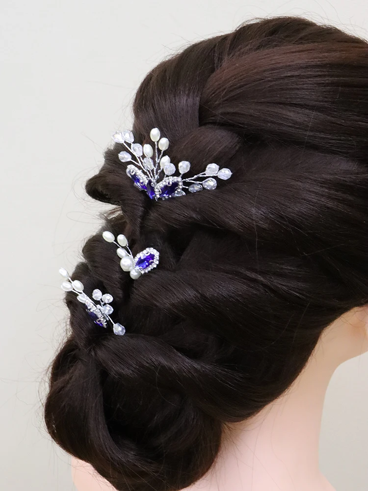 Romantic Blue Bridal Hair Pins Rhinestone Crystal Women Headpieces Prom Party Hair Jewelry Wedding Accessory 3PCS Clip