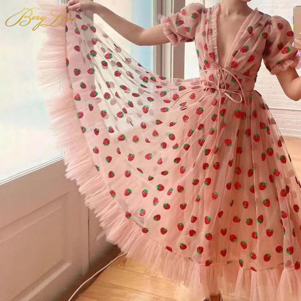 

Strawberry Pink Prom Dresses Cute V Neck Short Sleeves Tea Length Prom Dress Pleated Robe de soirée 2020 Plus Size