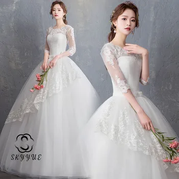 

Skyyue Wedding Dresses FR693 Boat Neck Lace Bridal Gowns Half Sleeve Floor-Length Wedding Dress Appliques Vestidos De Novia