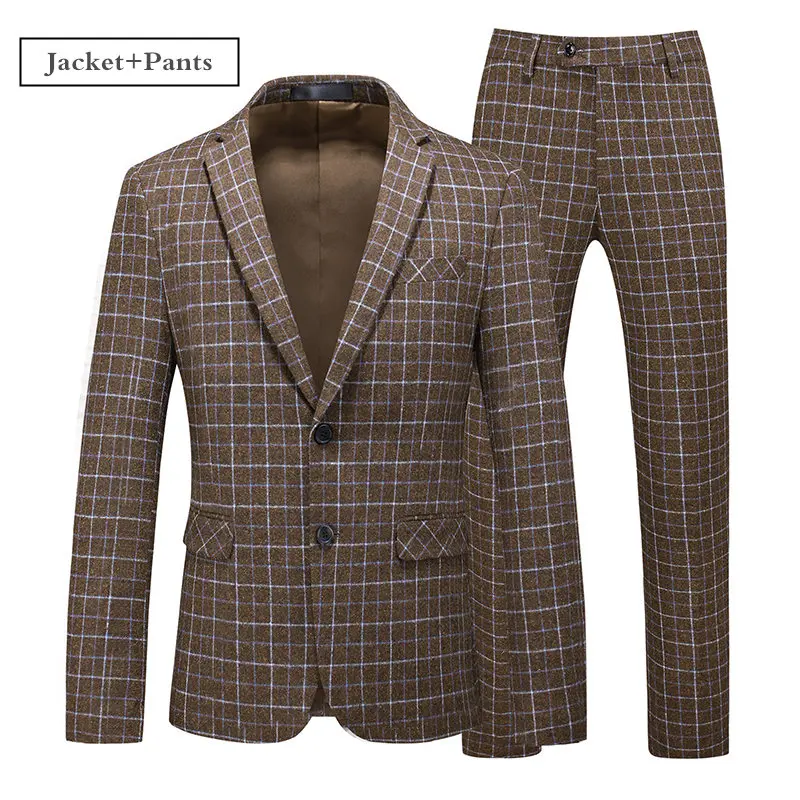 2 Piece Brown Plyesxale, серый, коричневый, клетчатый костюм, мужской, приталенный, высокое качество, мужские, s, шерстяные костюмы, три части, официальное платье, костюм, мужской, 6XL, большой размер, Q939 - Цвет: 2 Piece Brown