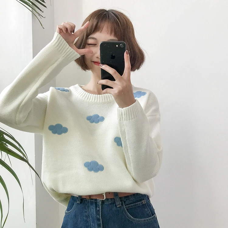Женский корейский панк толстый свитер милый свободный Harajuku одежда для женщин Kawaii Ulzzang Винтаж колледж свободный свитер с облачком