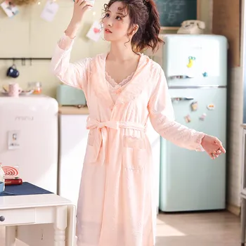 

New Luxurious Autumn Winter Women Kimono Gown Nightdress 2PCS Robe Sleepwear Sexy Nightwear Nightgown Soft Intimate Lingerie