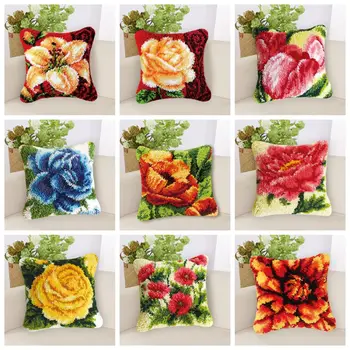 

Beauty Flowers Cushion Pillow Latch Hook Kit Rug Mat DIY Embroidery Needlework Crochet Pillow Kits Unfinished Latch Hook Kit DIY