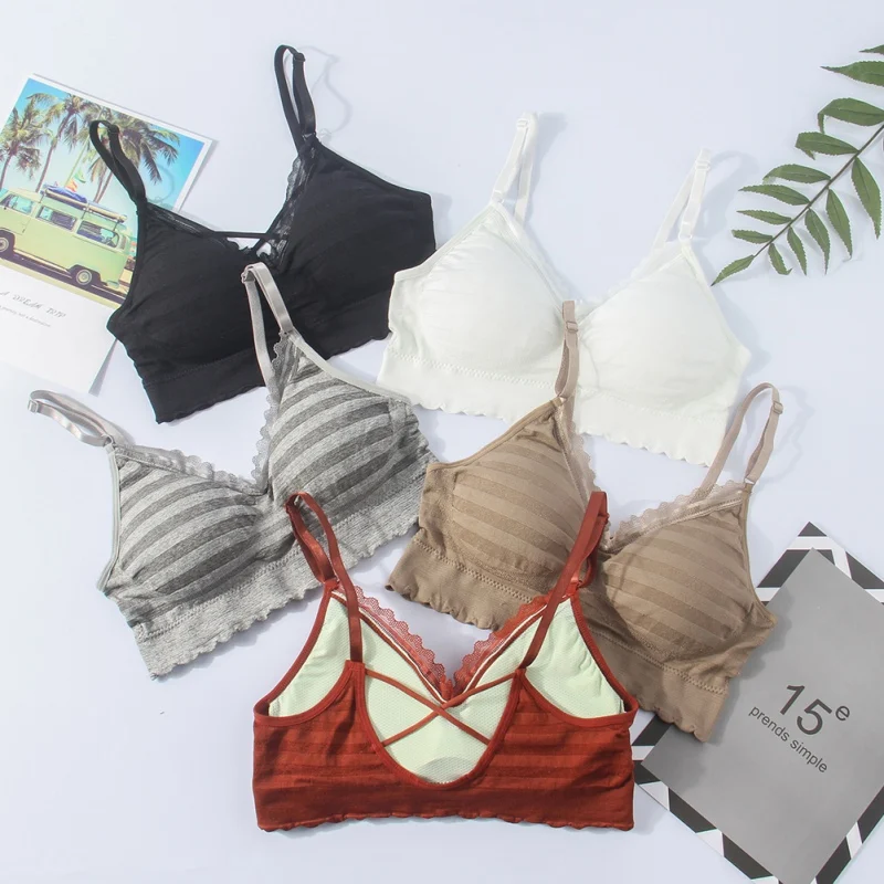 

Fashion Women Sexy Lace Underwear Front Hollow Tube Tops Cross Beauty Back Wrapped Chest Striped Wireless Sleep Bras W