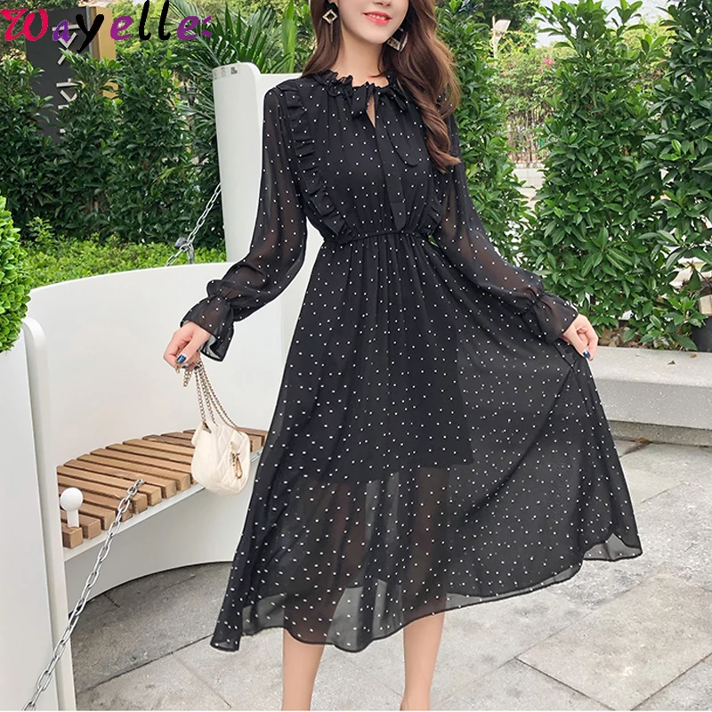 

Elegant Dot Print Flare Sleeve Women Long Dresses Autumn 2019 Ruffle Patchwork Lace-up Chiffon Dress Party Ladies Black Dress