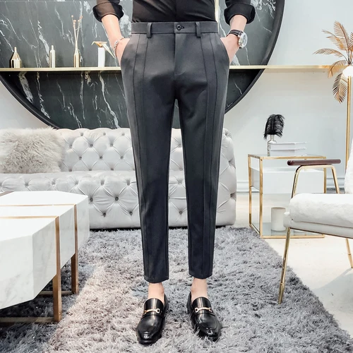 Dark Gray Новая мода бутик стрейч костюм брюки мужские роскошные Брендовые повседневные брюки мужские прямые тонкие брюки мужские брюки - Цвет: Dark Gray