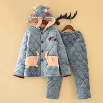 

Kids Nightwear Sleepwear Pajamas Set Winter Warm Flannel Thicken Cartoon Gray Pyjamas Suit Keep Warm Hooded Homewear 2PCS