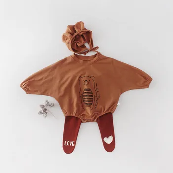 

2020 Spring Baby Girl Bodysuit Baby Bear Print Long Sleeve Bodysuit Infant Jumpsuit With Hat Little Girls And Boy Clothing