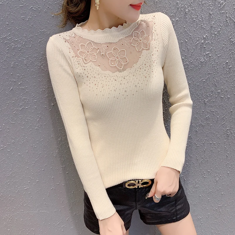 Apricot sweater Весенний женский свитер с розовыми бриллиантами, кружевной пуловер с вышивкой, вязаный джемпер с длинным рукавом, свитер для женщин M9D293 - Цвет: Apricot sweater