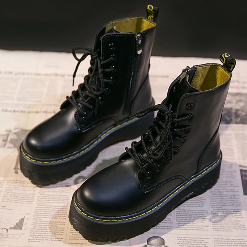 

Platform Boots Cowboy Women Shoes Leather Ankle Boots For Women Boot Winter Punk Thick Bottom Motorcycle Boots genuine Mujer