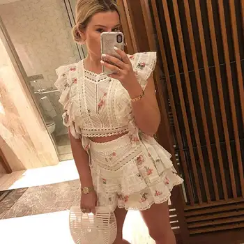 

YAMDI Floral Printed Two Piece Set dress 2020 ruffle Summer dress Lace Patchwork 2 piece set women fashion party dress