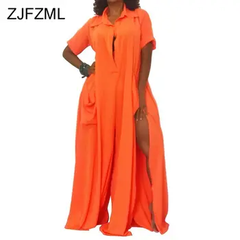 

Buttons Side Split Sexy Club Jumpsuits Women Turn-Down Collar Short Sleeve Pockets Plus Size Rompers Autumn Solid Loose Overall
