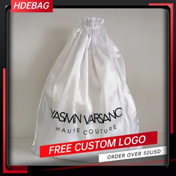 

50PCS 40x50cm White Silk Satin Drawstring Bags Custom Logo Bag Packaging Beauty Products Shoes Handbag Hair Wigs Extenssions