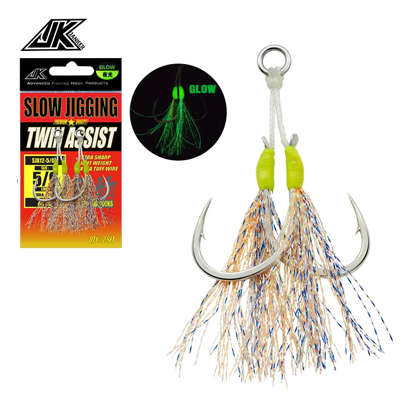 JK SJX 4X Heavy Slow Jigging Twin Assist Hook Glow Saltwater Double Hooks  5/0 6/0 Fishhooks Fishing Tackle
