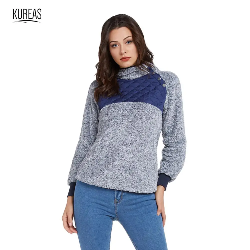 

Kureas Women Sweater Winter Autumn Fleece Pullovers Warm Thicken Knitted Tops Turtleneck Loose Casual Fashion Patchwork