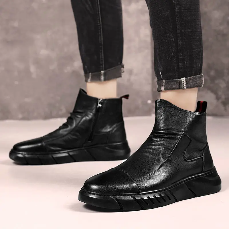 

New men's shoes British style all-match zipper Martin boots men's black high-top leather shoes