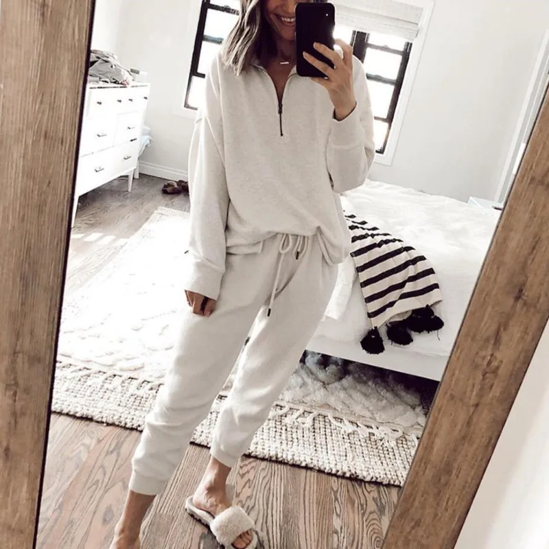 

Solid Casual Tracksuit Women Clothes Two Pieces Sweatshirts Set Female Pullover Suit 2020 Home Sweatpants Trousers Outfits