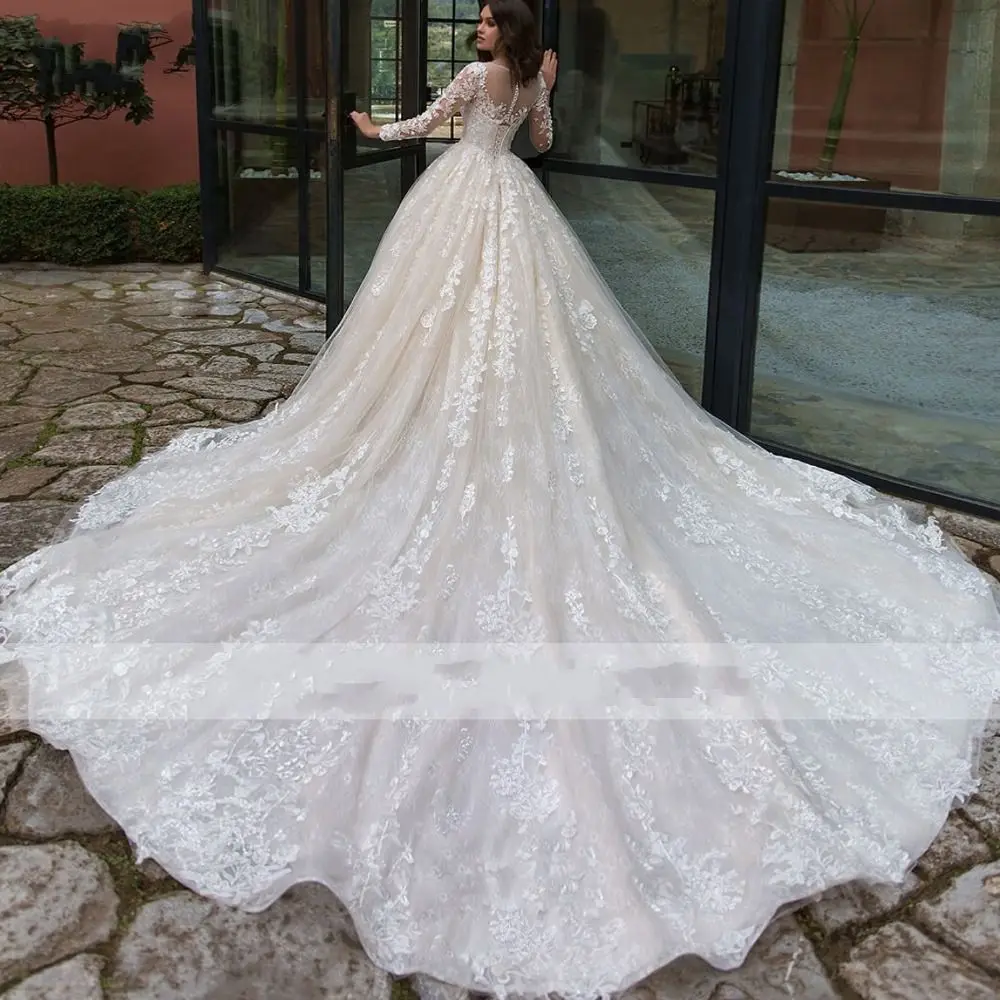 Vestido de Noiva восхитительная Кружевная аппликация ТРАПЕЦИЕВИДНОЕ свадебное платье сексуальное глубокое круглое декольте Иллюзия длинный рукав винтажное свадебное платье невесты
