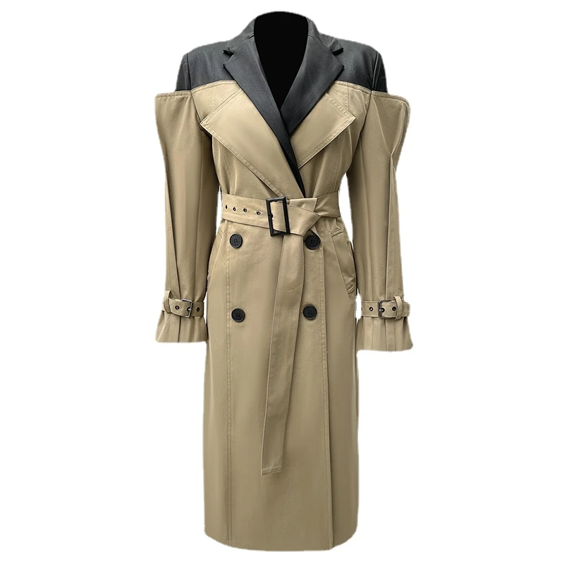 Women Leather Khaki Big Size Trench Women's Coat New Lapel Long Sleeve Loose Fit Windbreaker Fashion Tide Spring Autumn 2021 ladies parka coats