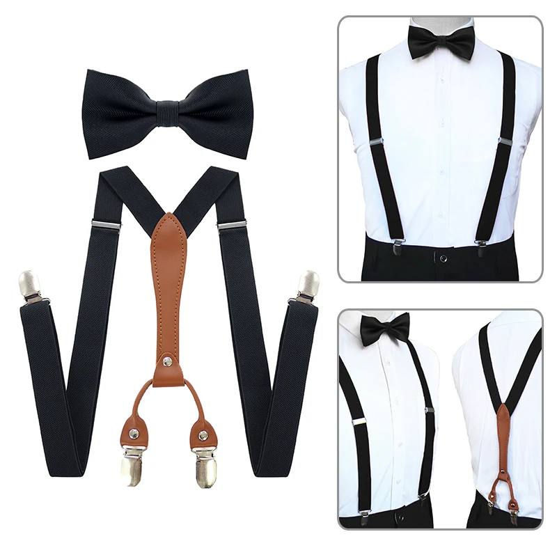 Tirantes Elasticos Ajustables Con Forma De Y Conjunto De Pajarita Para Hombre Tirantes Elasticos Negros Con Sujetador Cinturon Con Traje De Cuero Para Negocios Y Boda Suspensores Para Hombre Aliexpress